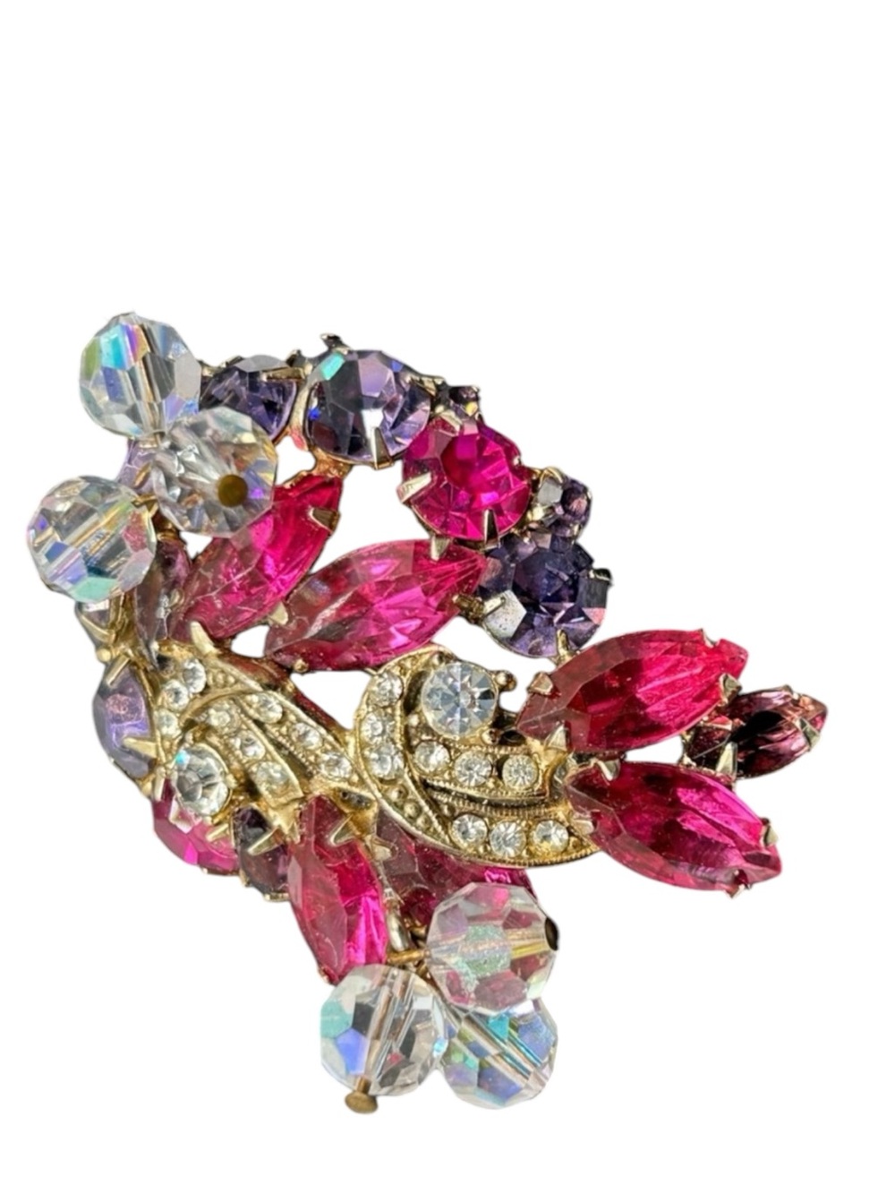 Vintage Kramer Hot Magenta Pink & Purple Brooch Dangling Crystals